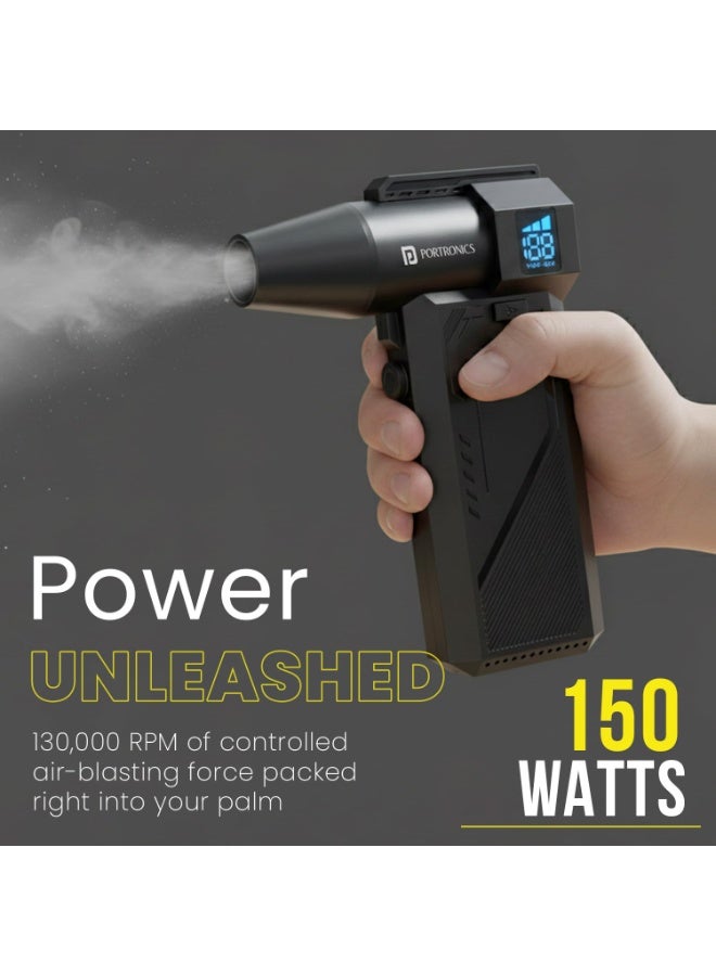 بورترونيكس Portronics Tornado Pro Handheld High-Speed Air Duster, Type-C Rechargeable, 1,30,000 RPM, BLDC Motor, 3 Speed Control, LED Display, Built-in LED Light, Multiple Nozzle Attachments, for Car, PC & Home - Image 4